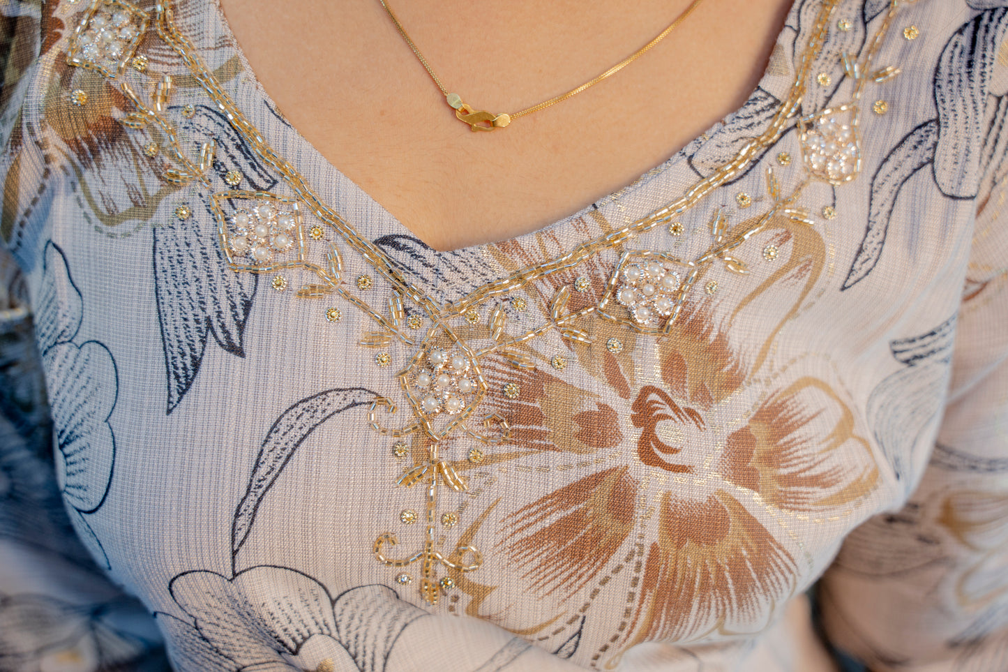 Lite Grey Roman Silk Dress with Digital Print & Piping Work