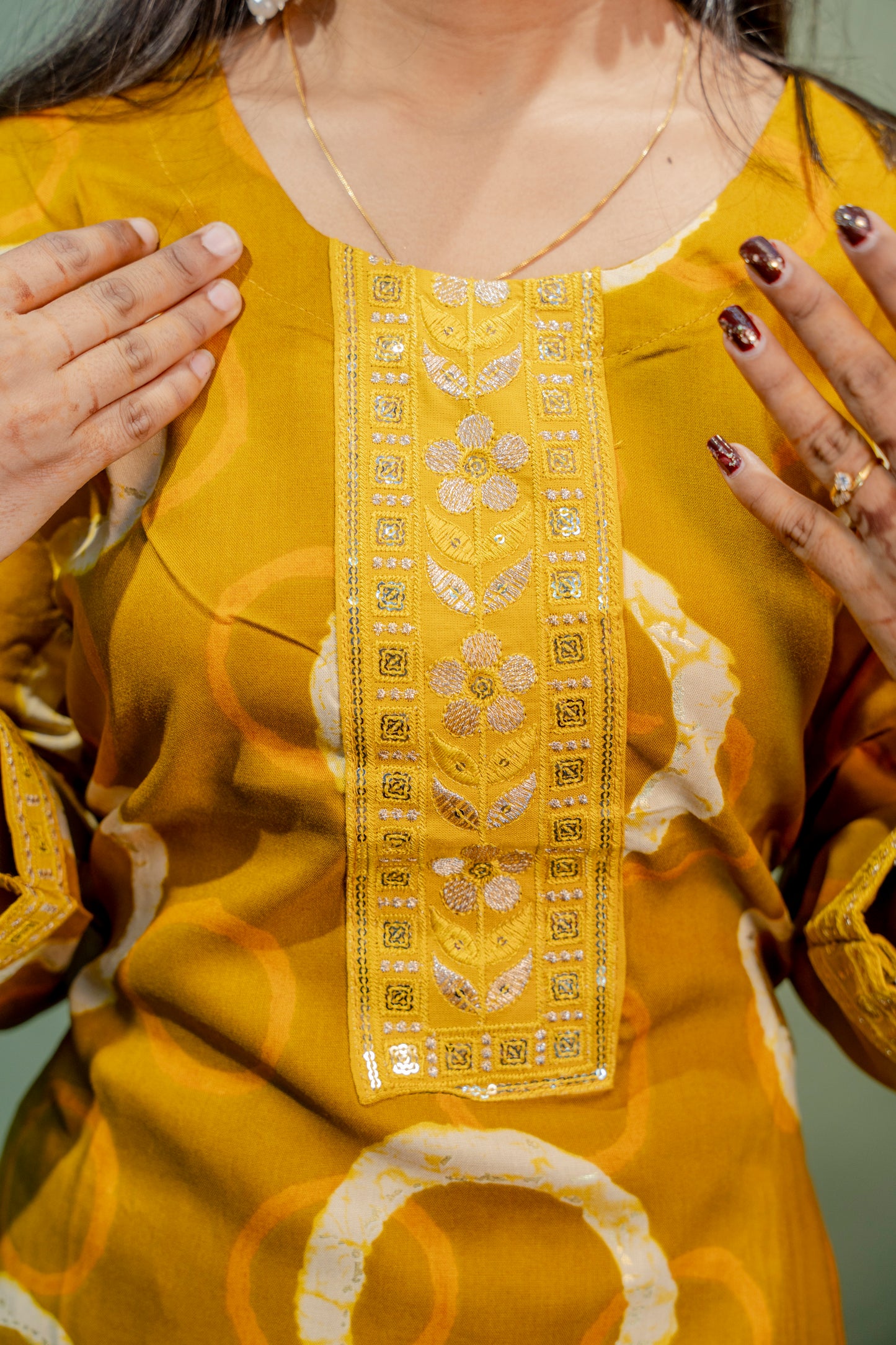 Yellow Roman Silk Dress with Digital Print & Piping Work