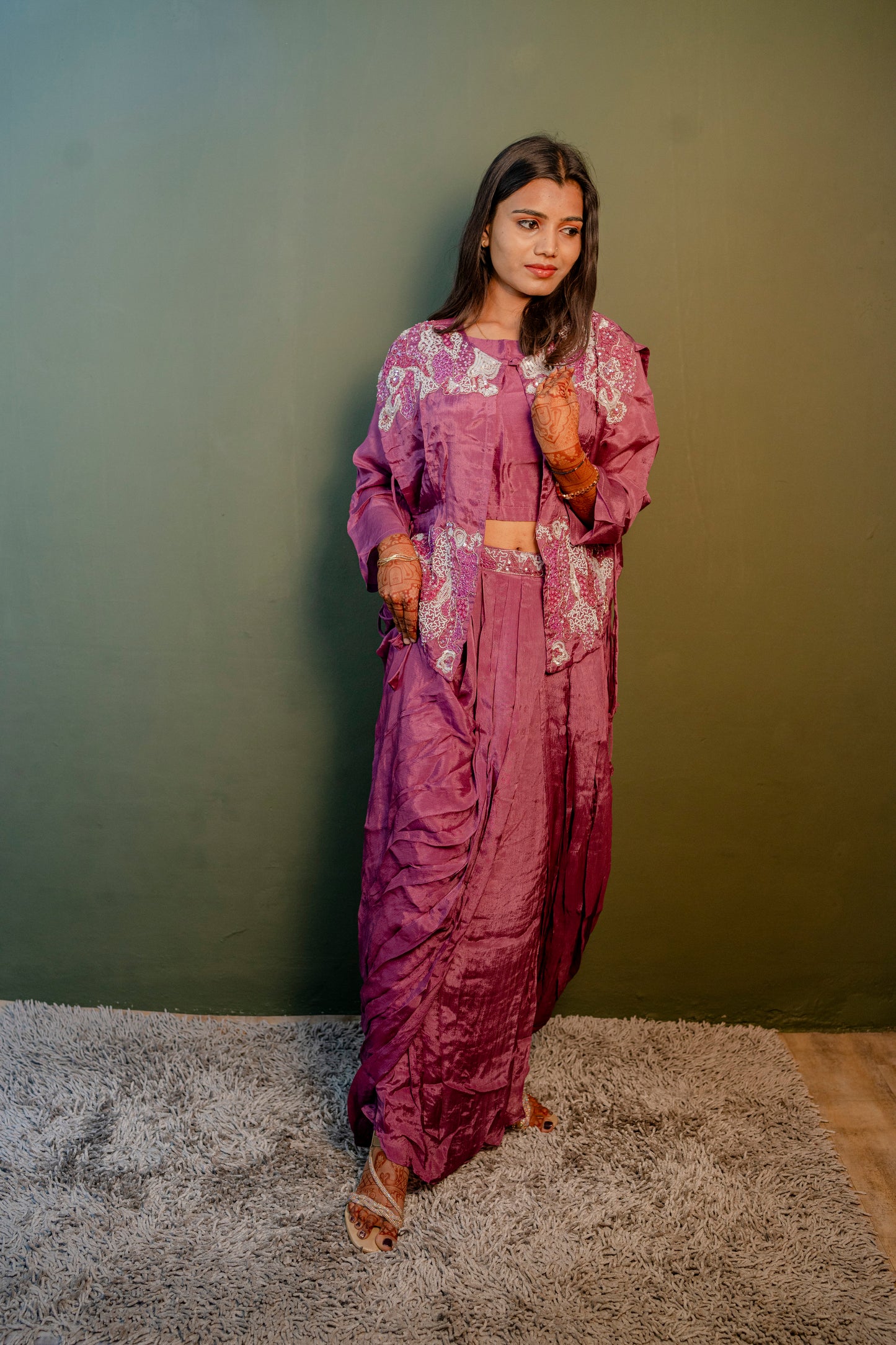 Elegant Purple Thread Work Indo-Western 3-Piece Set