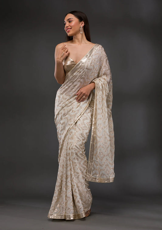 Off White Sequins Georgette Saree