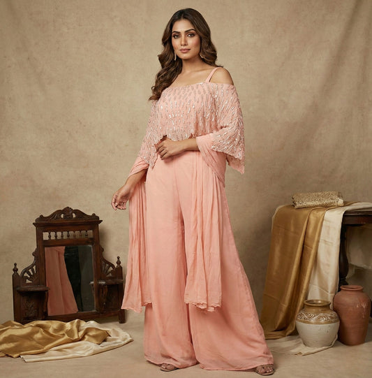 Baby Pink Georgette Saree with Handwork & Piping Detailing (Size 40 & 44)