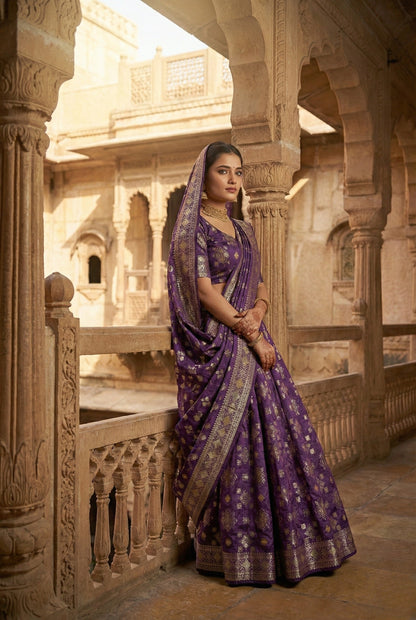 Purple Banarasi Suit with Zari Work & Dupatta