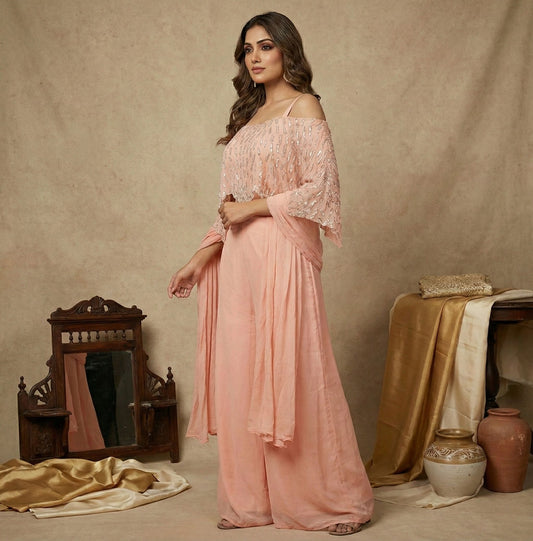 Baby Pink Georgette Saree with Handwork & Piping Detailing (Size 40 & 44)