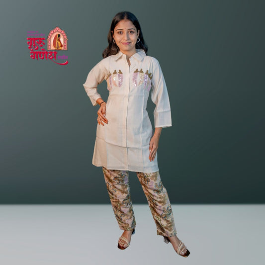 White Roman Silk Cord Set with Digital Print & Piping Work