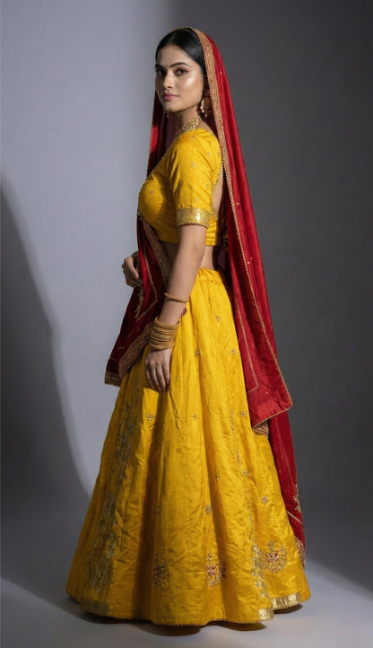 Yellow Silk Ghagra Set with Red Dupatta