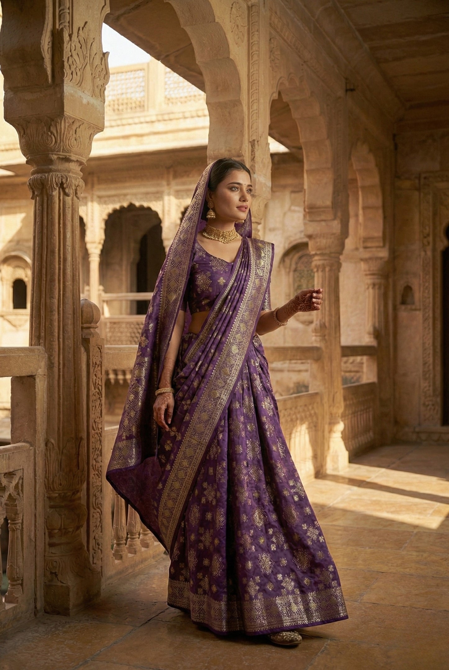 Purple Banarasi Suit with Zari Work & Dupatta