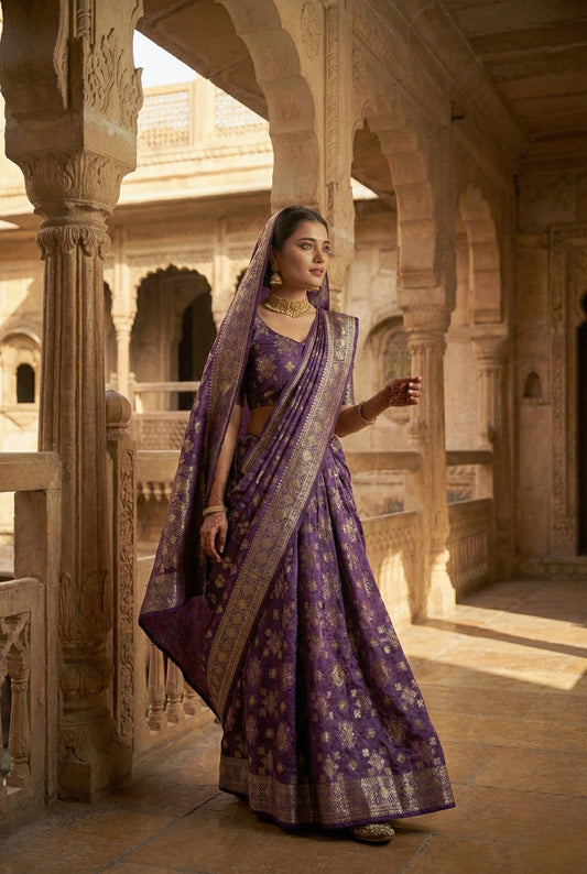 Purple Banarasi Suit with Zari Work & Dupatta
