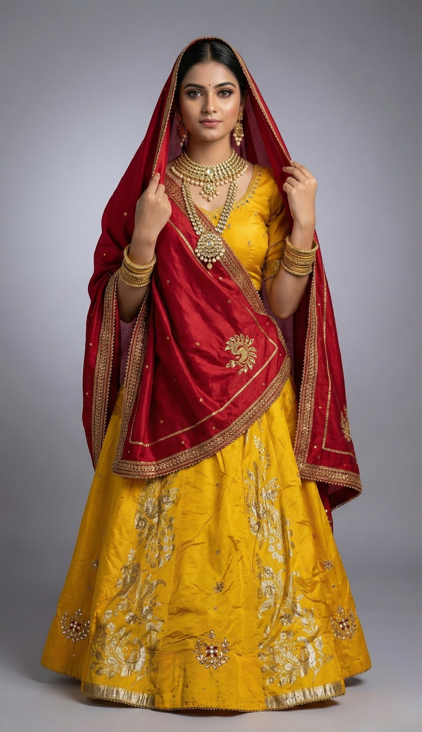 Yellow Silk Ghagra Set with Red Dupatta