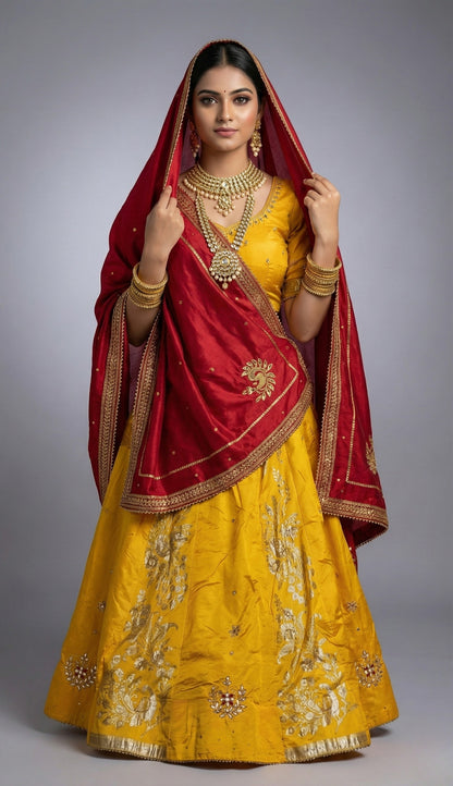 Yellow Silk Ghagra Set with Red Dupatta