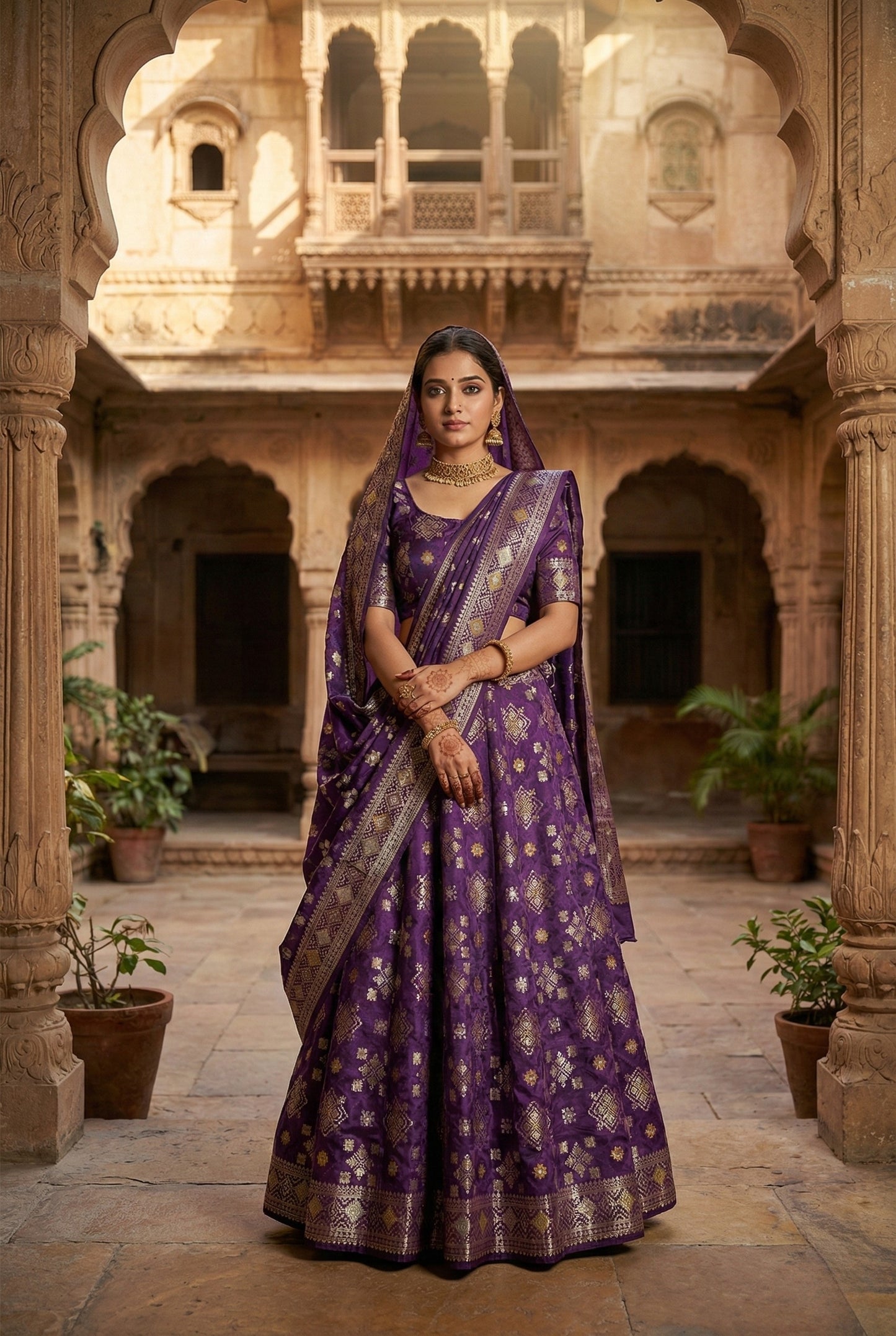 Purple Banarasi Suit with Zari Work & Dupatta
