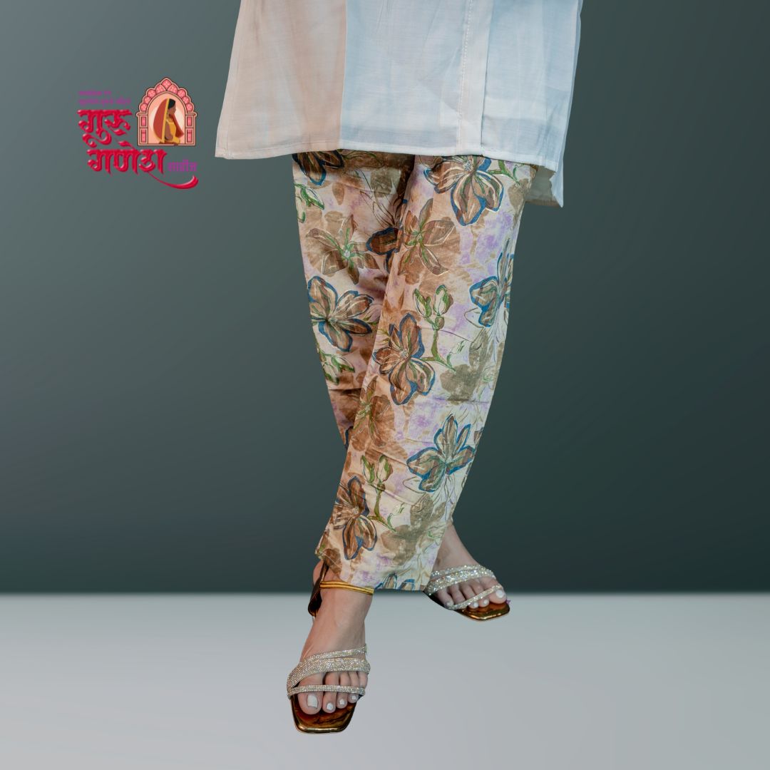 White Roman Silk Cord Set with Digital Print & Piping Work