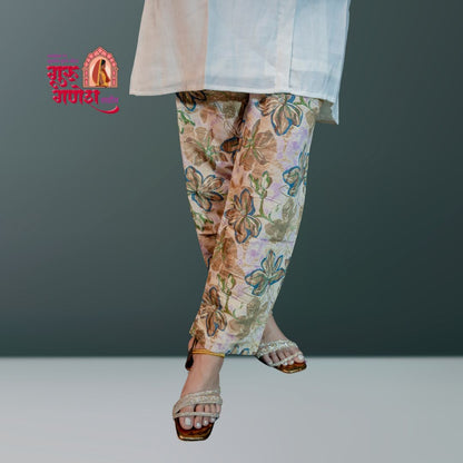 White Roman Silk Cord Set with Digital Print & Piping Work