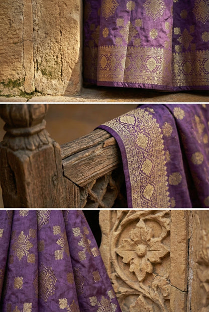 Purple Banarasi Suit with Zari Work & Dupatta