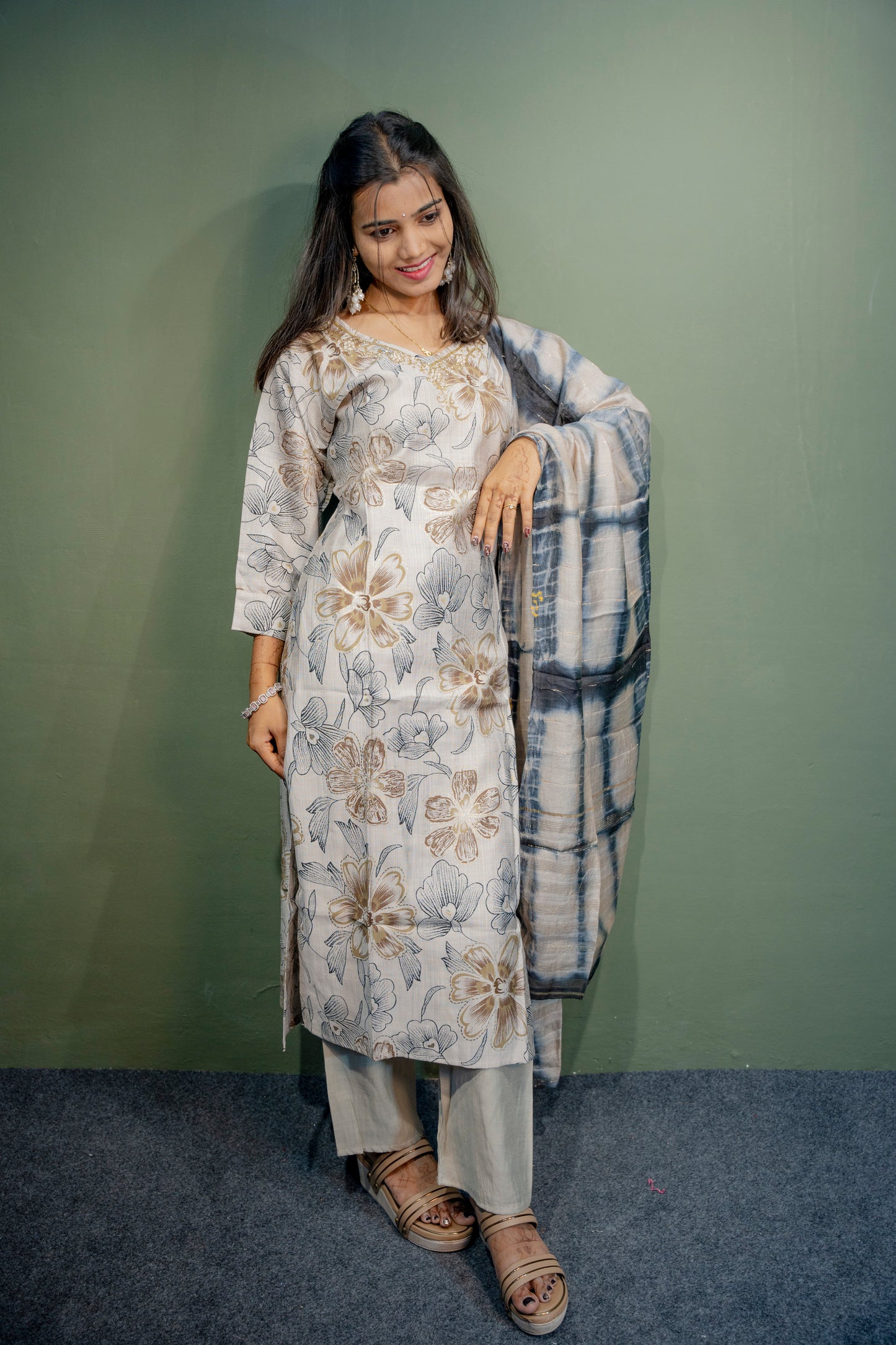 Lite Grey Roman Silk Dress with Digital Print & Piping Work