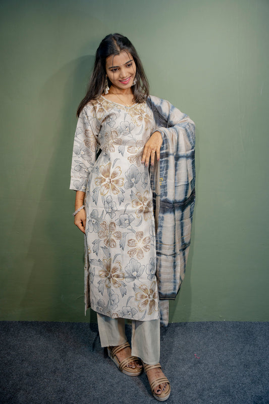Lite Grey Roman Silk Dress with Digital Print & Piping Work