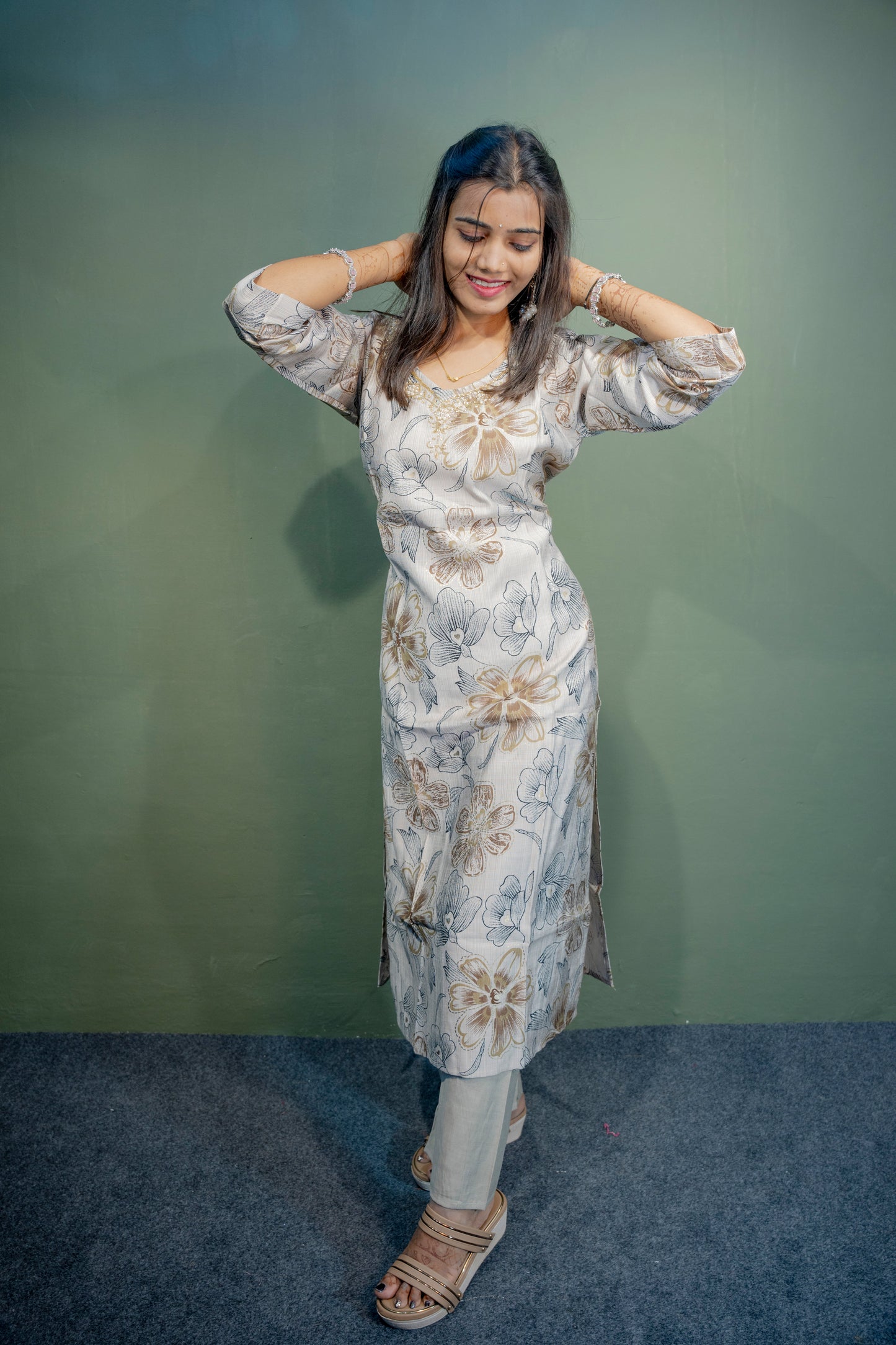 Lite Grey Roman Silk Dress with Digital Print & Piping Work