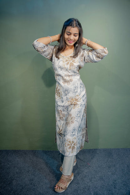 Lite Grey Roman Silk Dress with Digital Print & Piping Work