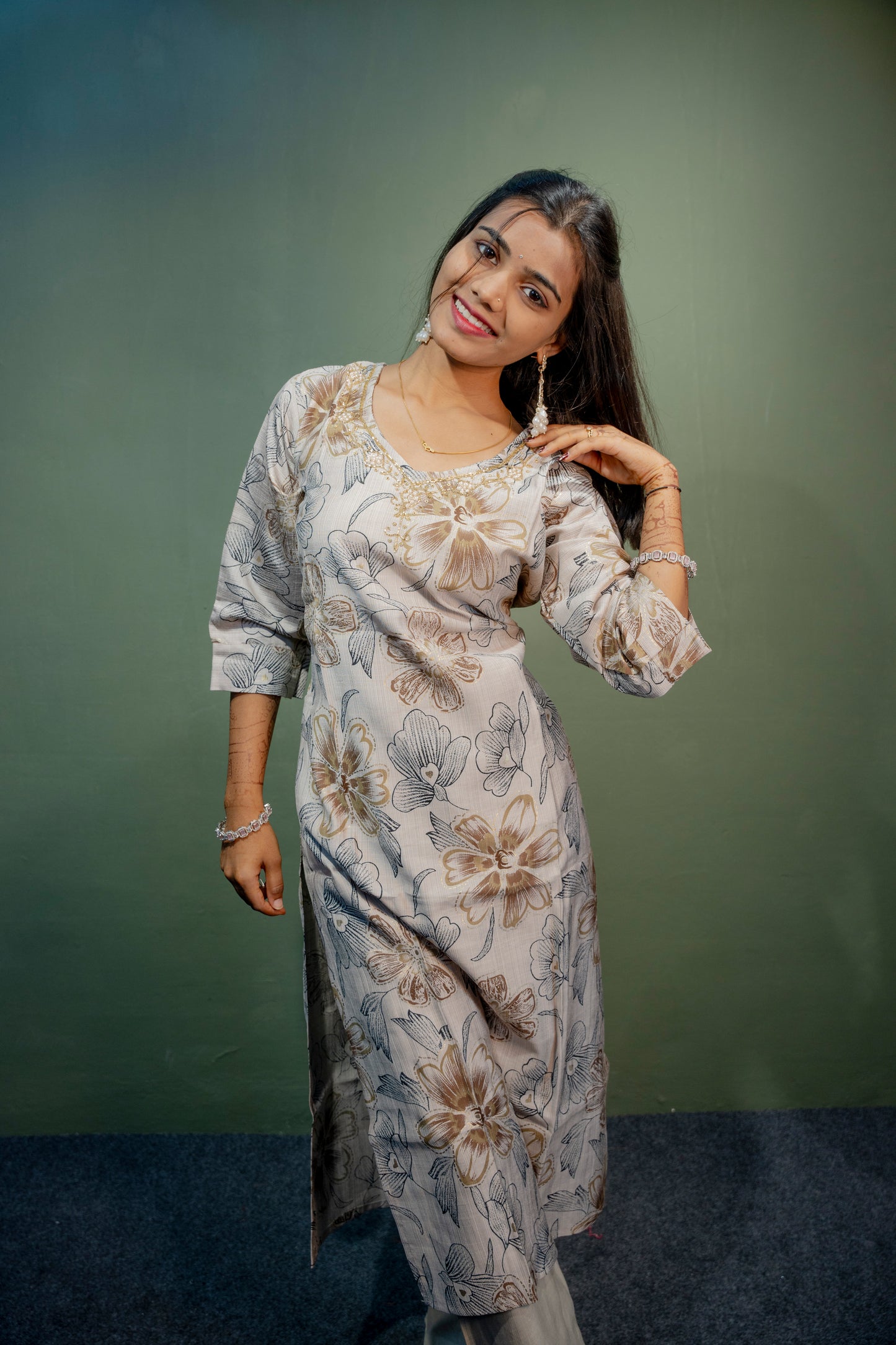 Lite Grey Roman Silk Dress with Digital Print & Piping Work