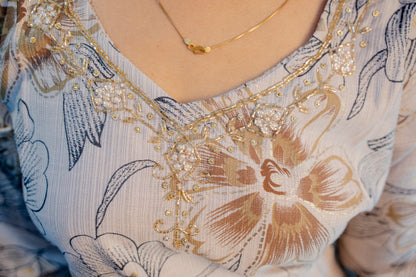 Lite Grey Roman Silk Dress with Digital Print & Piping Work