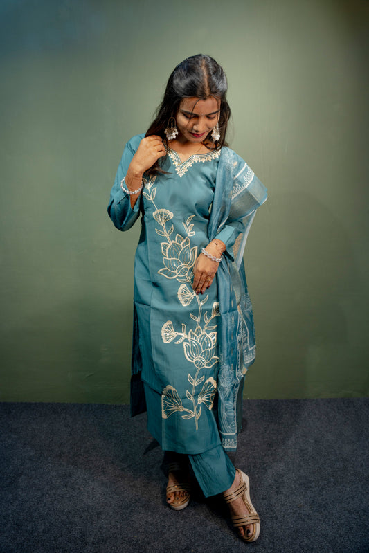 Dark Sky Blue Roman Silk Dress with Digital Print & Piping Work