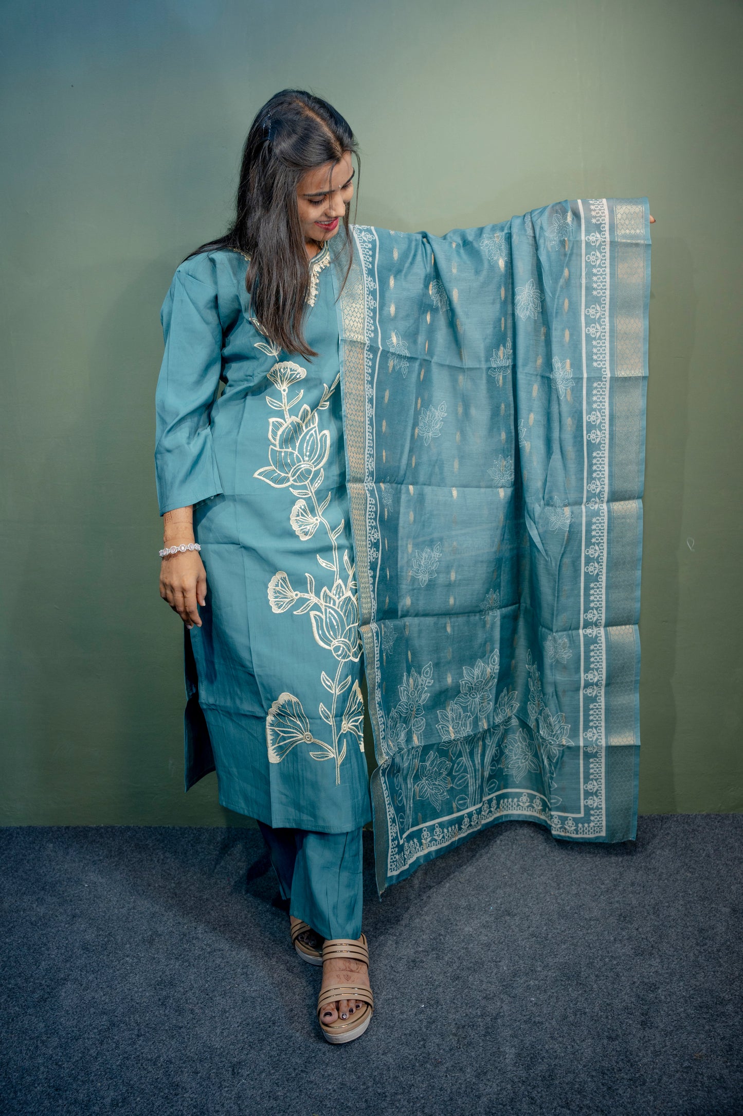 Dark Sky Blue Roman Silk Dress with Digital Print & Piping Work