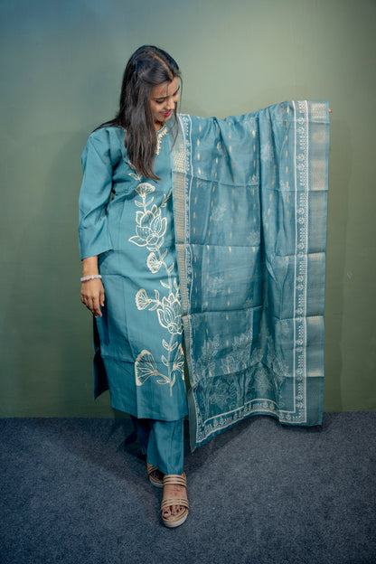 Dark Sky Blue Roman Silk Dress with Digital Print & Piping Work