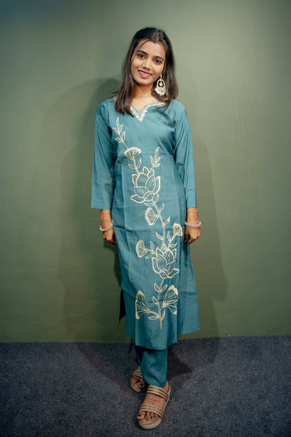 Dark Sky Blue Roman Silk Dress with Digital Print & Piping Work