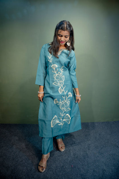 Dark Sky Blue Roman Silk Dress with Digital Print & Piping Work
