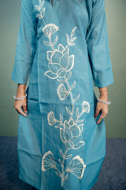 Dark Sky Blue Roman Silk Dress with Digital Print & Piping Work