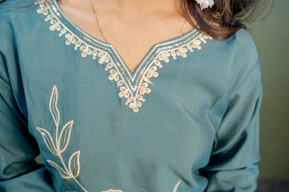 Dark Sky Blue Roman Silk Dress with Digital Print & Piping Work