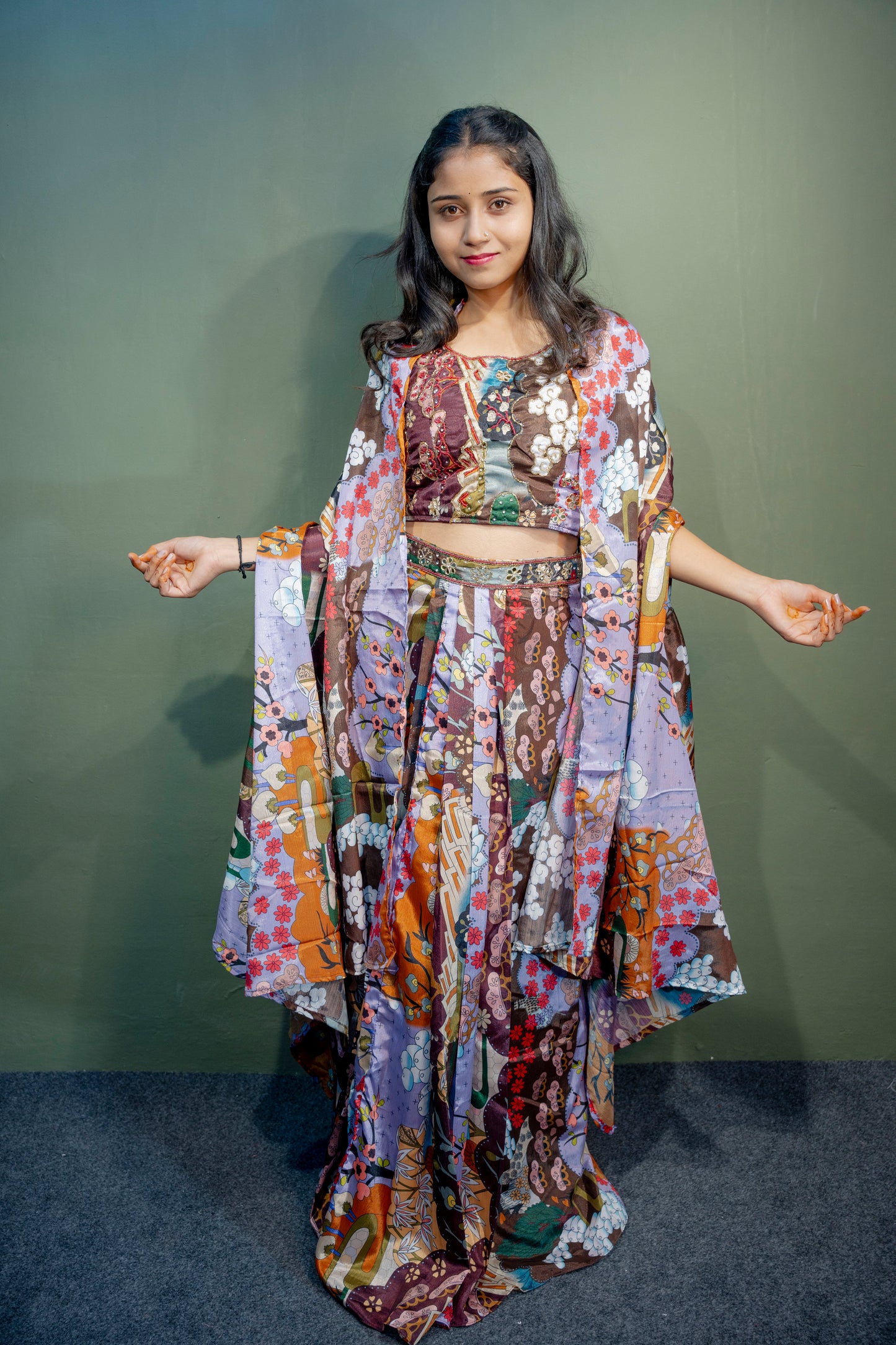 Majestic Multi-Colour (Brown) Piping & Stone Work Indo-Western 3-Piece Set