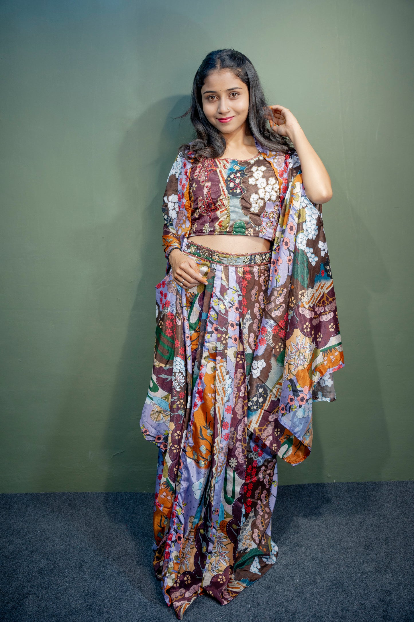 Majestic Multi-Colour (Brown) Piping & Stone Work Indo-Western 3-Piece Set