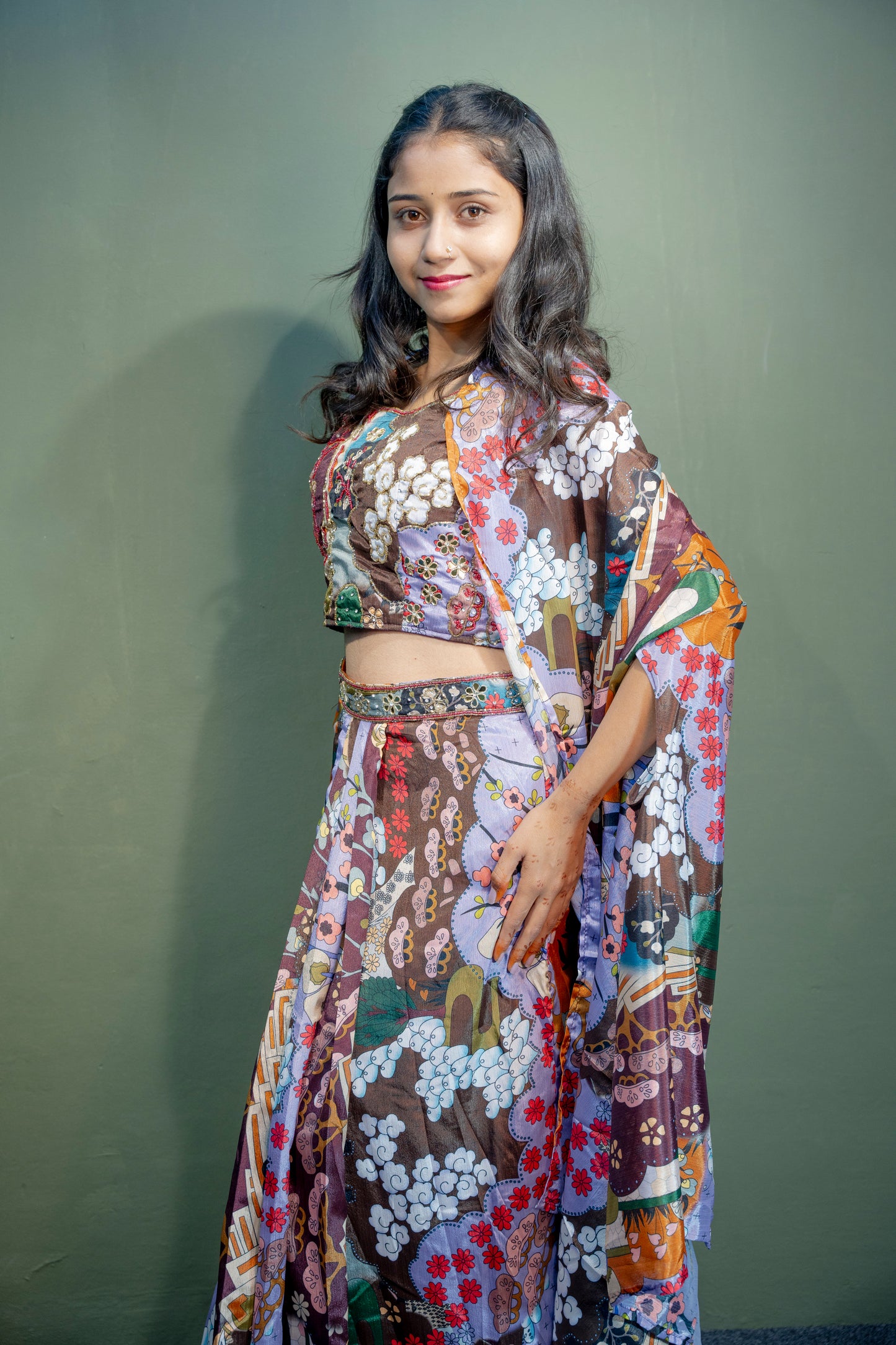 Majestic Multi-Colour (Brown) Piping & Stone Work Indo-Western 3-Piece Set