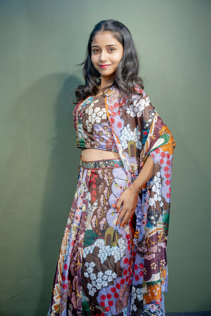 Majestic Multi-Colour (Brown) Piping & Stone Work Indo-Western 3-Piece Set