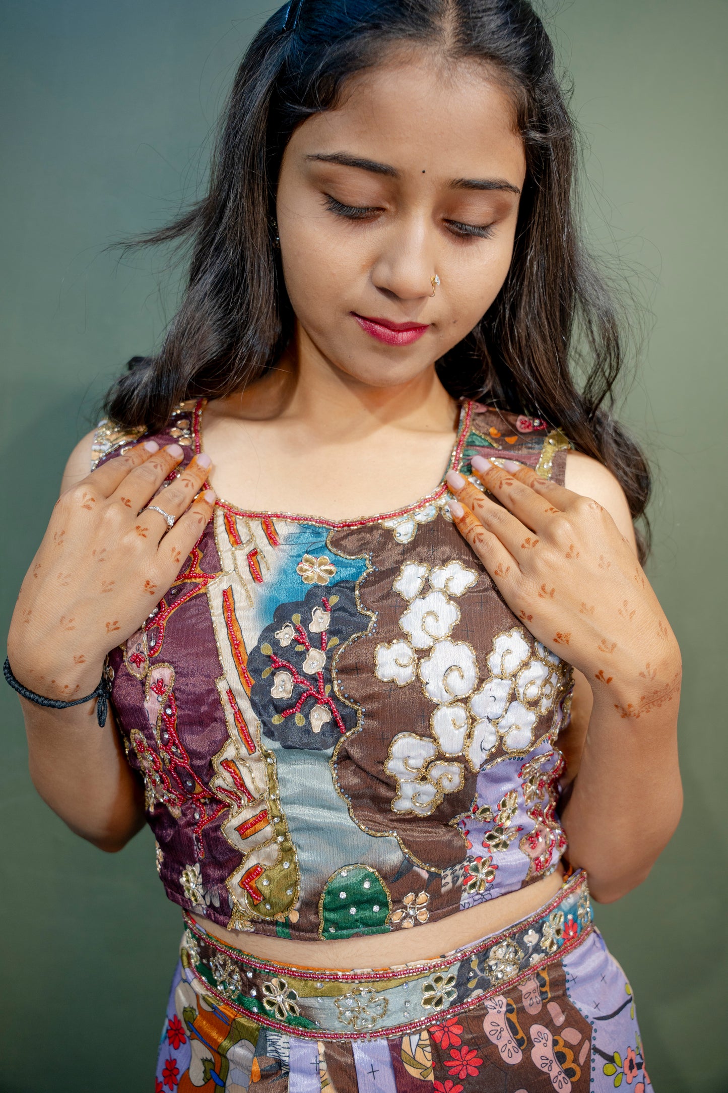 Majestic Multi-Colour (Brown) Piping & Stone Work Indo-Western 3-Piece Set