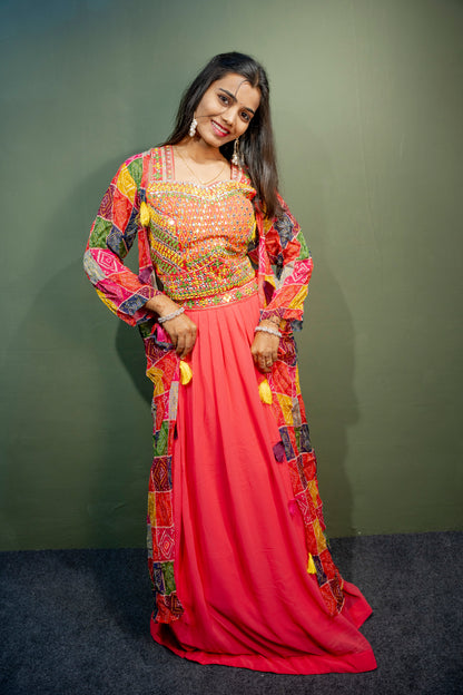 Regal Multi-Colour (Dark Pink) Piping & Stone Work Indo-Western 3-Piece Set