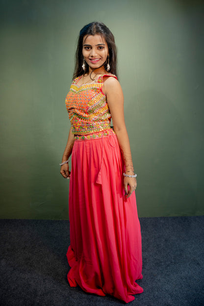 Regal Multi-Colour (Dark Pink) Piping & Stone Work Indo-Western 3-Piece Set