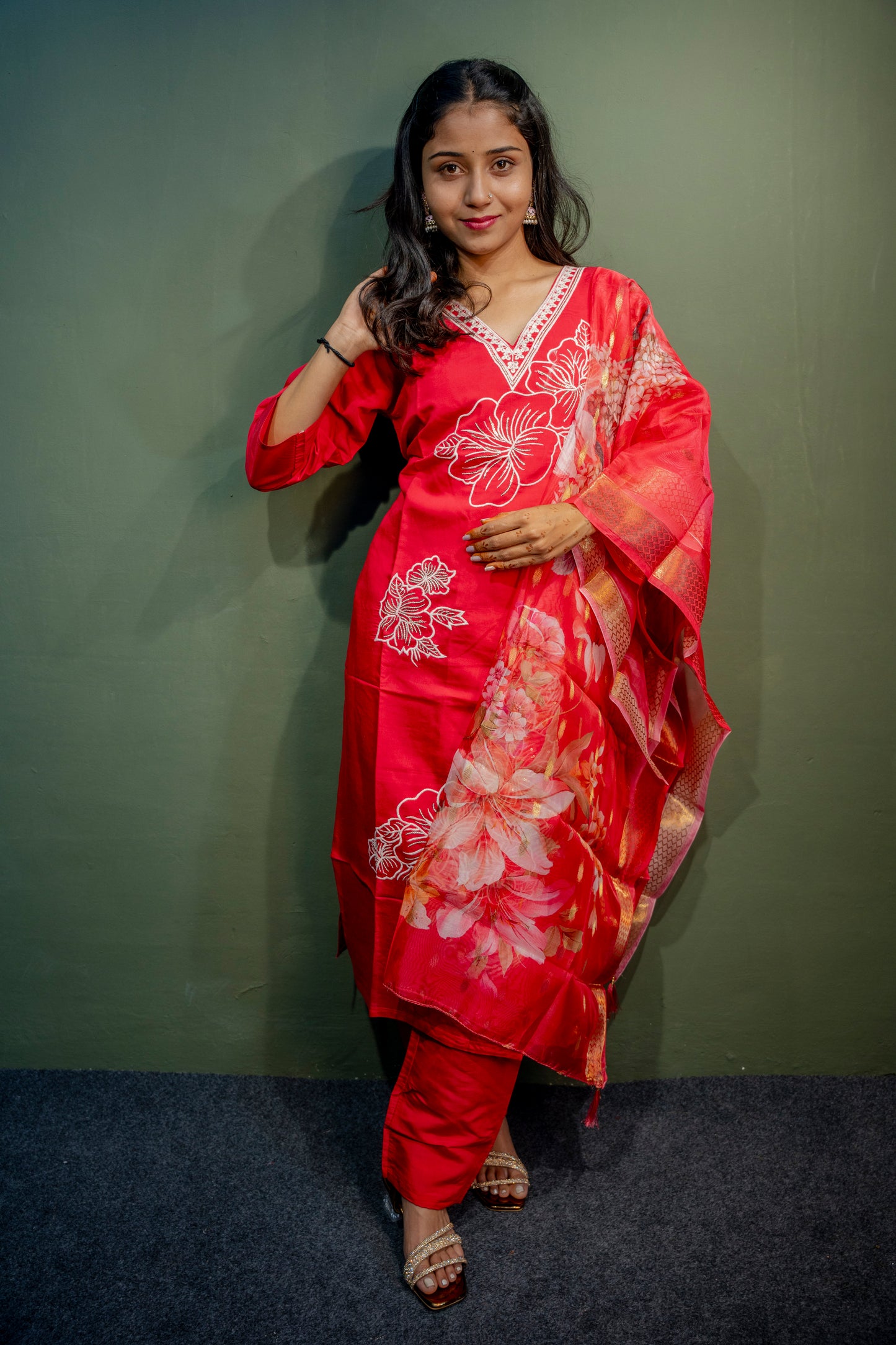 Dark Pink Roman Silk Dress with Digital Print & Piping Work