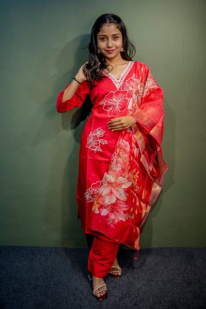 Dark Pink Roman Silk Dress with Digital Print & Piping Work