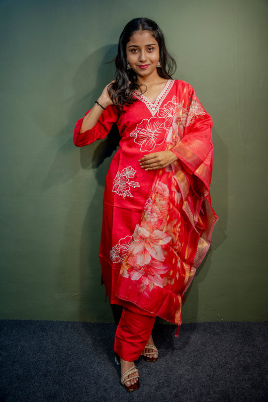 Dark Pink Roman Silk Dress with Digital Print & Piping Work