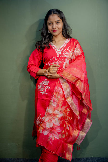 Dark Pink Roman Silk Dress with Digital Print & Piping Work