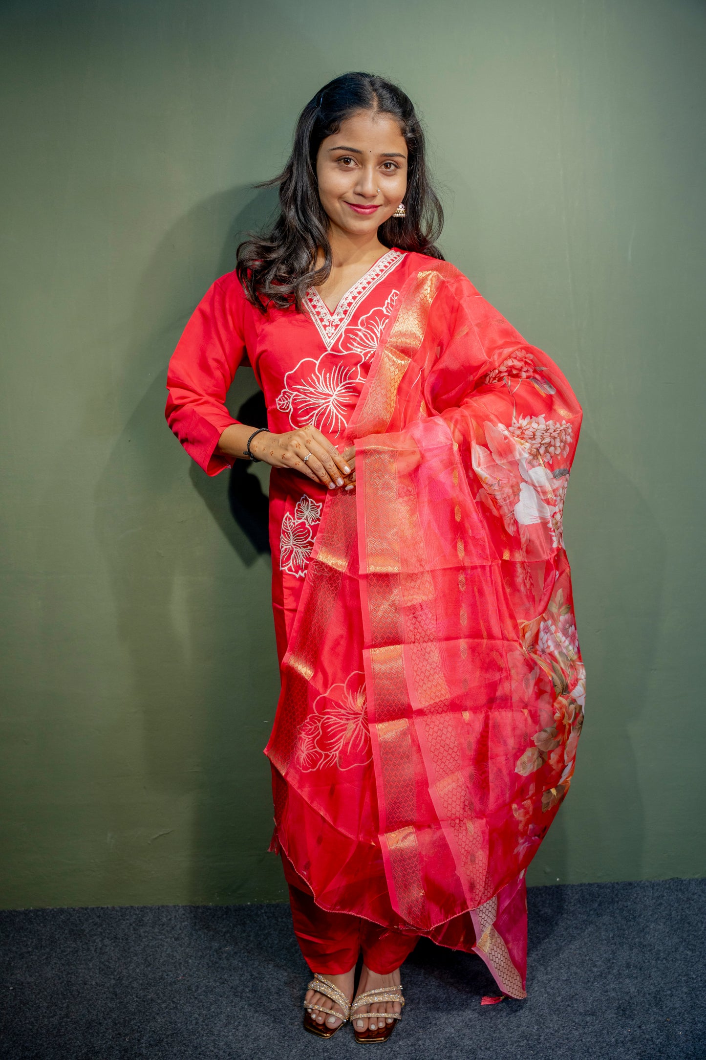 Dark Pink Roman Silk Dress with Digital Print & Piping Work