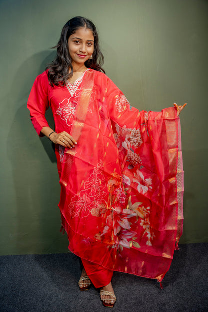 Dark Pink Roman Silk Dress with Digital Print & Piping Work
