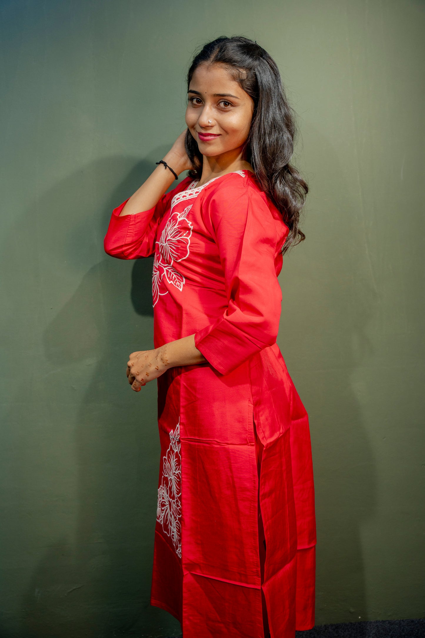 Dark Pink Roman Silk Dress with Digital Print & Piping Work