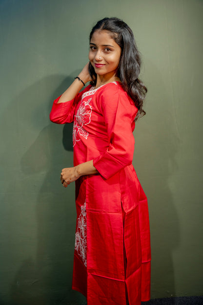 Dark Pink Roman Silk Dress with Digital Print & Piping Work