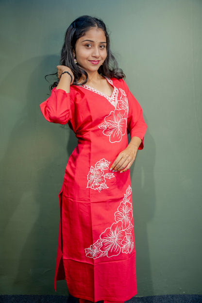 Dark Pink Roman Silk Dress with Digital Print & Piping Work