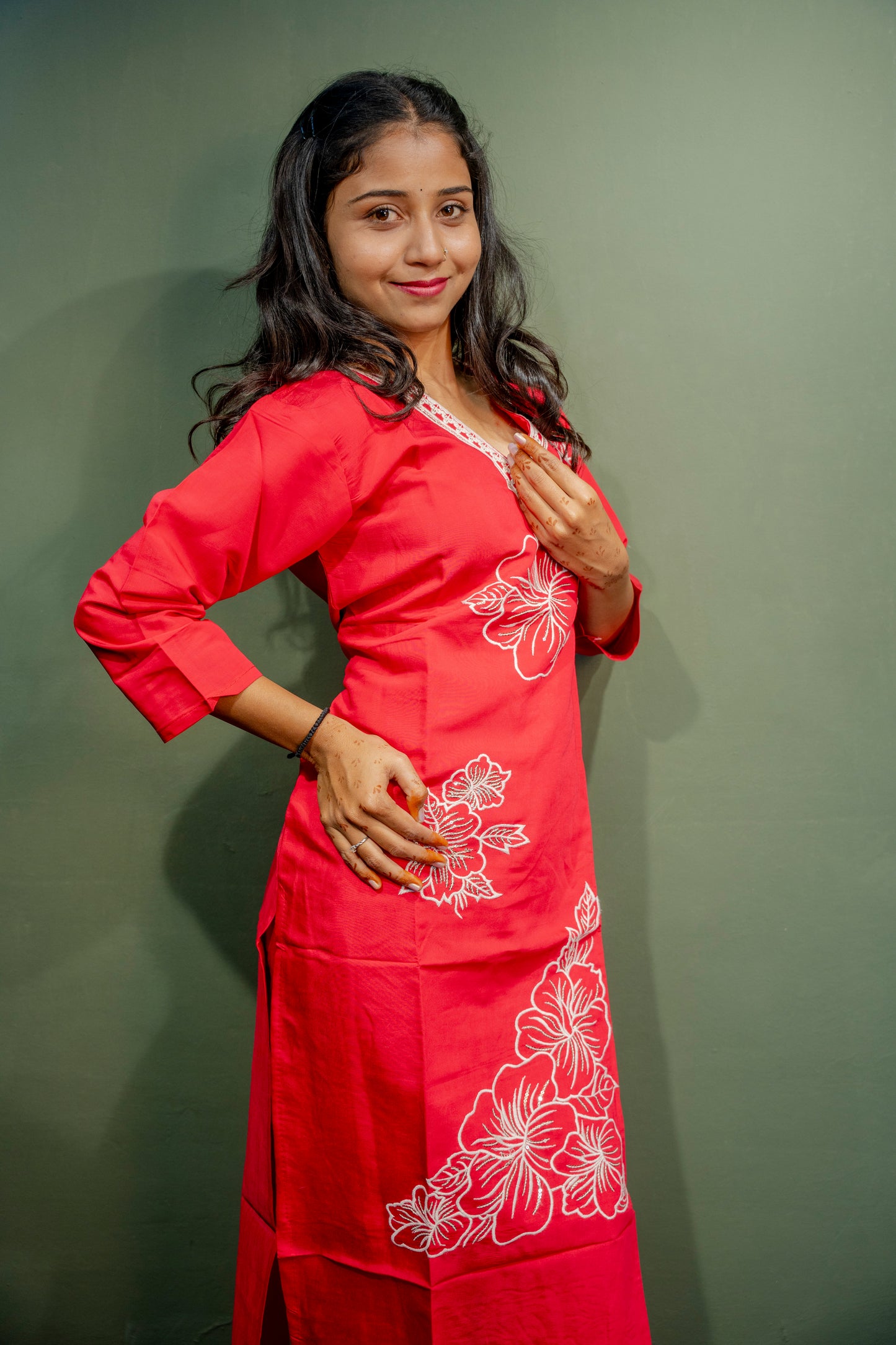Dark Pink Roman Silk Dress with Digital Print & Piping Work