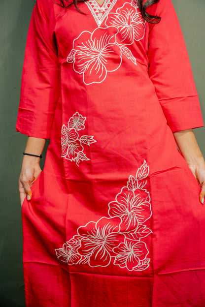 Dark Pink Roman Silk Dress with Digital Print & Piping Work