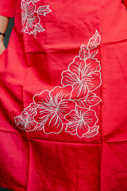 Dark Pink Roman Silk Dress with Digital Print & Piping Work