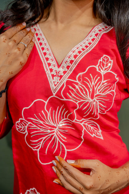 Dark Pink Roman Silk Dress with Digital Print & Piping Work